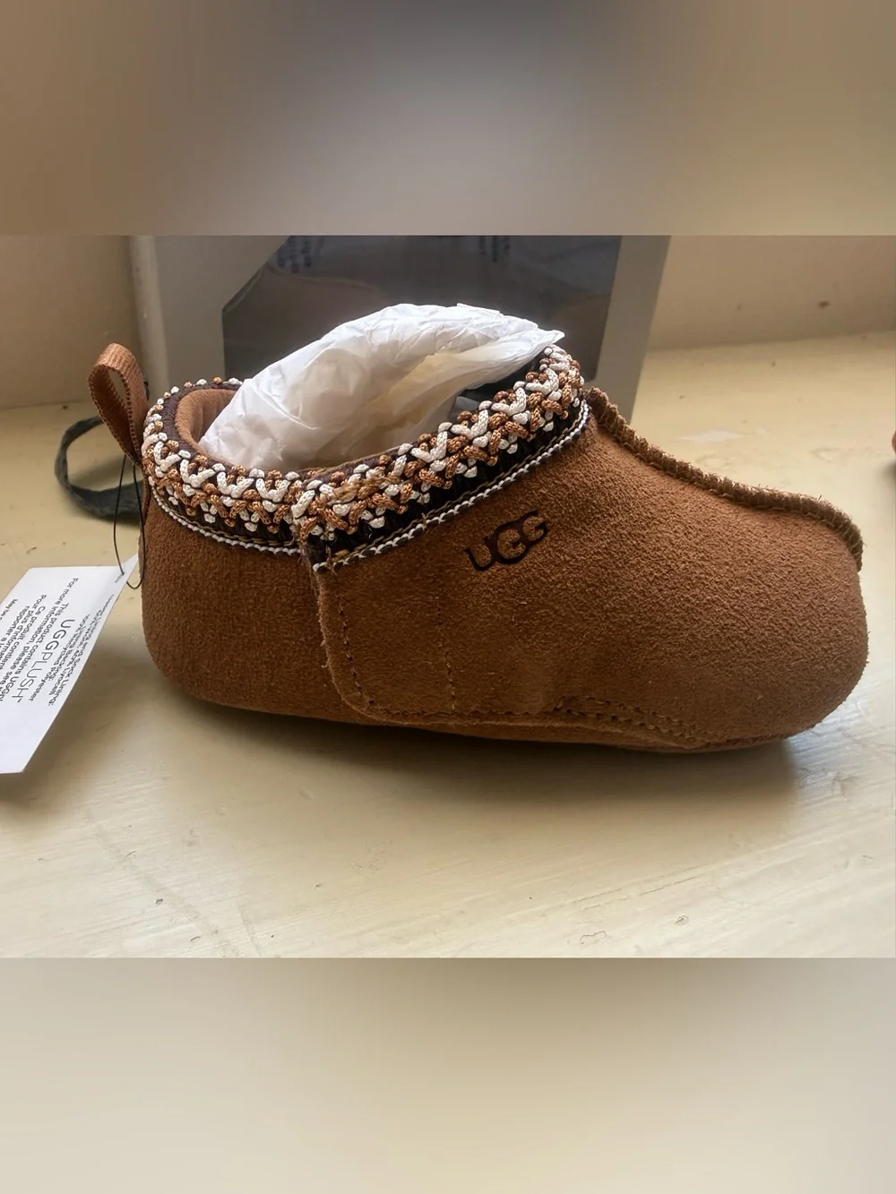 UGG Kids Chestnut Brown Suede Slip-On with Braided Trim